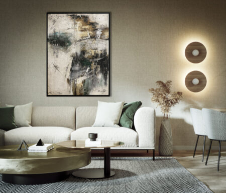 Obraz w stylu abstrakcyjnym w eleganckim salonie z beżową sofą i dekoracyjnym oświetleniem ściennym